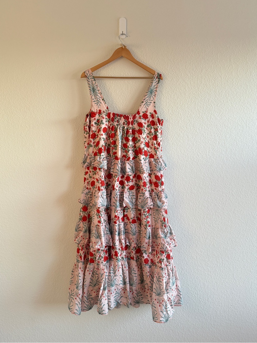 Anthropologie Pink Floral Tiered Sundress with Red Accents - Picture 5 of 13